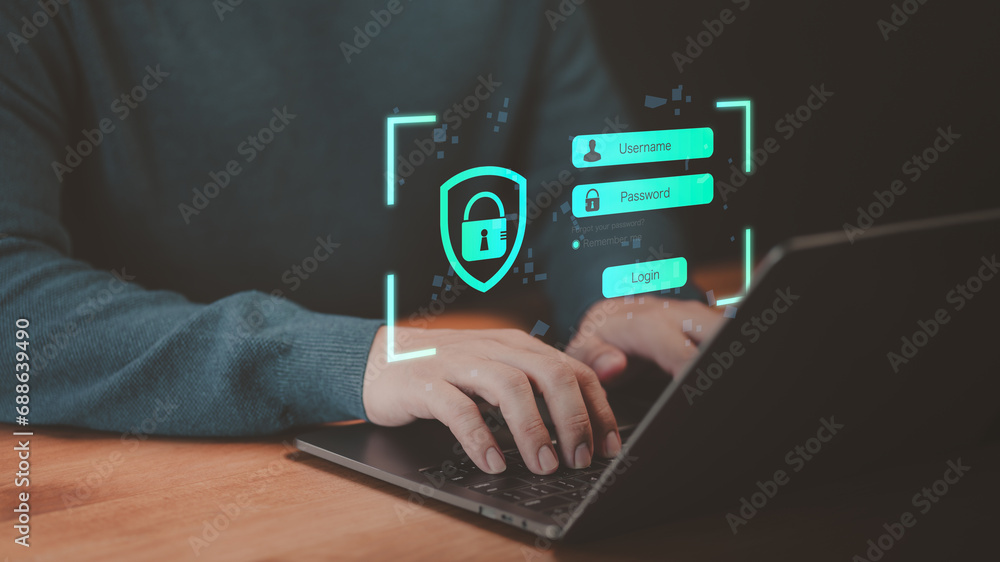 Poster Man type username and password for the computer laptop. Cyber security concept to protect personal data. Secure encryption and access to the user's private information to access the internet..