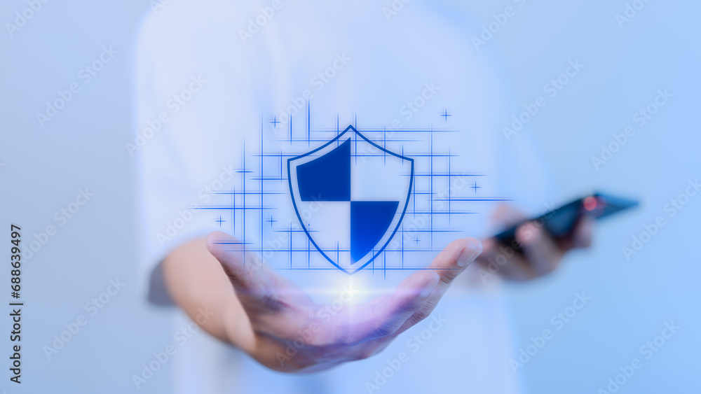 Aufkleber user hand show the warranty identity proof icon for security protection system on virtual screen. te