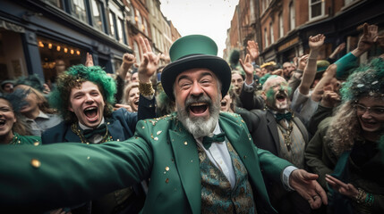 people in green costumes for St. Patrick's Day on the street of Dublin, Ireland, carnival, festival, traditional holiday, shamrock, Irish man, city, celebration, cheerful face, portrait, fun, emotion