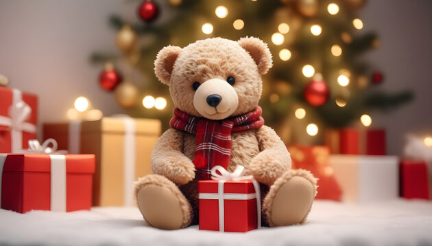 christmas teddy bear wearing scarf with gifts blurred bokeh lights in the background created with generative ai