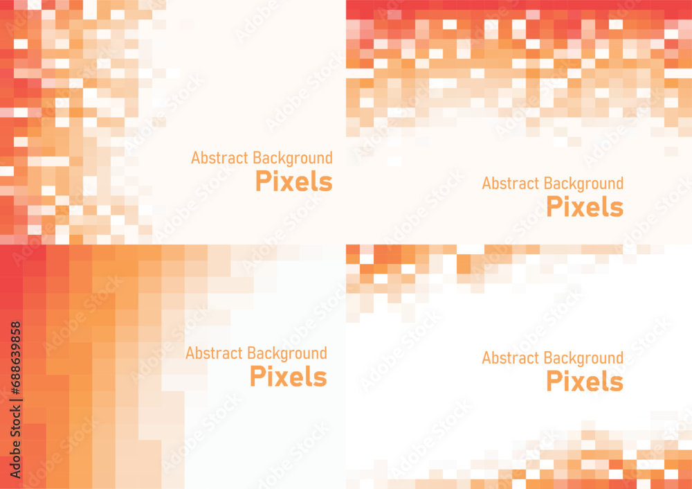 Poster abstract pixels disintegrate pattern, geometric mosaic background set, orange color gradient, vector
