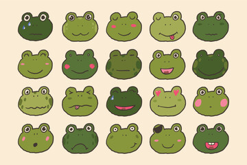 Cute cartoon frogs faces. Vector illustration.