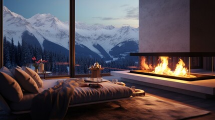 Fireplace Inside A Luxury Chalet in Winter with A View of the Mountain and the Snow
