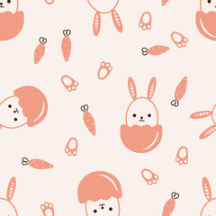 Seamless pattern with bunny rabbit cartoons, egg shell, carrot and footprints on orange background vector illustration.