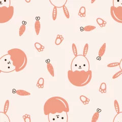 Gordijnen Naadloze herfst Seamless pattern with bunny rabbit cartoons, egg shell, carrot and footprints on orange background vector illustration.  © Thanawat