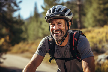 Obraz na płótnie Canvas Smiling Cyclist Enjoying a Sunny Day on a Mountain Trail 