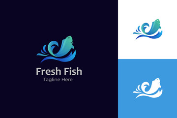 Fish Jumping gradient logo icon design. Fish Wave Water graphic Symbol vector template