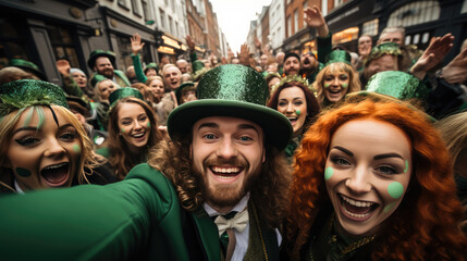 people in green costumes for St. Patrick's Day on the street of Dublin, Ireland, carnival, festival, traditional holiday, shamrock, Irish man, city, celebration, cheerful face, portrait, fun, emotion