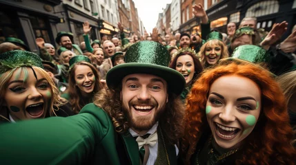 Fotobehang people in green costumes for St. Patrick's Day on the street of Dublin, Ireland, carnival, festival, traditional holiday, shamrock, Irish man, city, celebration, cheerful face, portrait, fun, emotion © Julia Zarubina