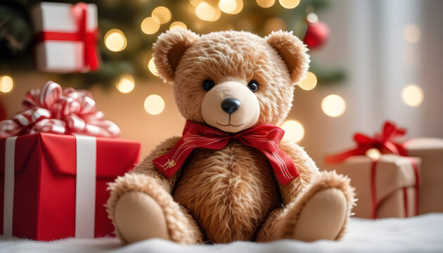 christmas teddy bear with gifts blurred bokeh lights in the background created with generative ai