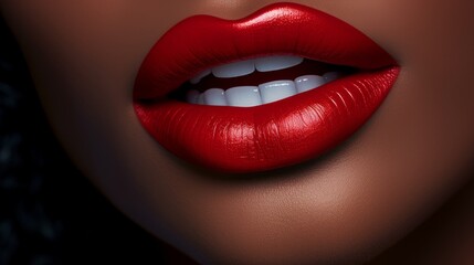 Lips with red lipstick and white teeth of a beautiful, elegant, sexy white woman with perfect skin, close-up.