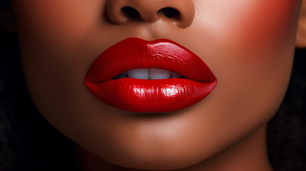Lips with red lipstick and white teeth of a beautiful, elegant, sexy white woman with perfect skin, close-up. - obrazy, fototapety, plakaty