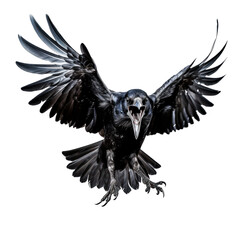 portrait of a beautiful black raven, attack pose, open beak, glossy black feathers, isolated - obrazy, fototapety, plakaty