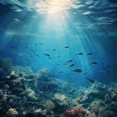 ocean underwater with fish and sun reflections , generated by AI