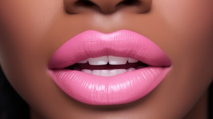 Obraz premium Lips with pink lipstick and white teeth of a beautiful, elegant, sexy African American woman with perfect dark skin, close-up.