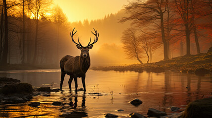deer in the river in the sunset created with Generative AI technology