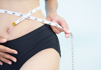 Measuring Waist Woman Tape Slim Fit Cropped Healthy Perfect Body, Thin Girl Checking Muscle Balance...