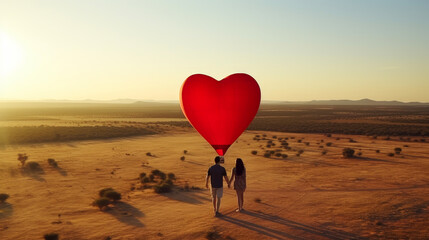 A couple in love is flying on a large, red, heart-shaped balloon high in the clouds above the mountains, at sunset. Emotions, balloonists, extreme sports. - obrazy, fototapety, plakaty