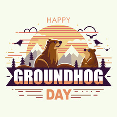 Happy Groundhog Day design with cute groundhog and beautiful landscape, flat design