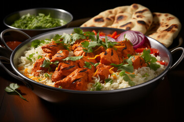 Chicken tikka masala spicy meat curry food in a plate with rice and naan bread.