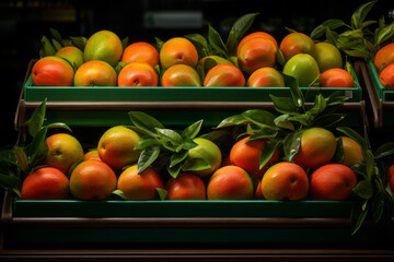 Mangoes on the counter in a store.