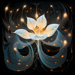 an abstract symphony featuring lotus elements influenced by quantum mechanics, abstract fireflies, and dynamic compositions