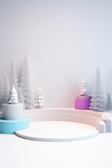 Merry Christmas banner with stage product display cylindrical shape and festive decoration for Christmas, snow background, promotion display, 3D rendering product display platform.
