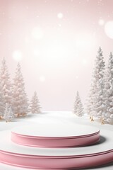 Merry Christmas banner with stage product display cylindrical shape and festive decoration for Christmas, snow background, promotion display, 3D rendering product display platform.