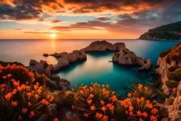 dramatic spring sunset on the cape milazzo panorama of nature reserve piscina di venere- - obrazy, fototapety, plakaty