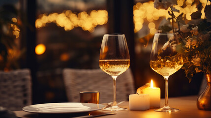 Dinner in a chic restaurant, on the terrace in the fresh air, by candlelight with a glass of champagne or wine, with beautiful glowing lights. - obrazy, fototapety, plakaty