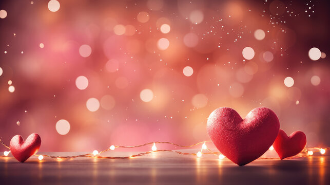 Red hearts background, valentine day greeting card. lights Bokeh background. Love concept