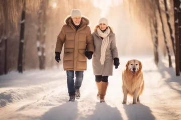  Senior couple with a dog walks on winter park. AI generated © tiena