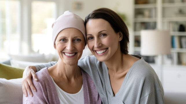 Cancer patient smiles happily with friend in living room