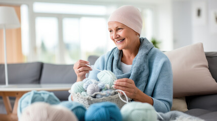 A cancer patient sat happily knitting in the living room