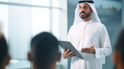 Dubai businessman gives a clever presentation to a business partner team