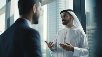 Fototapeta na wymiar A Dubai businessman gives a clever presentation to a business partner