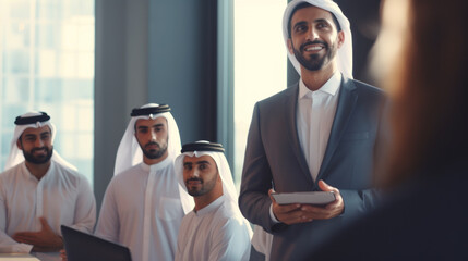 A Dubai businessman gives a clever presentation to a business partner team - obrazy, fototapety, plakaty