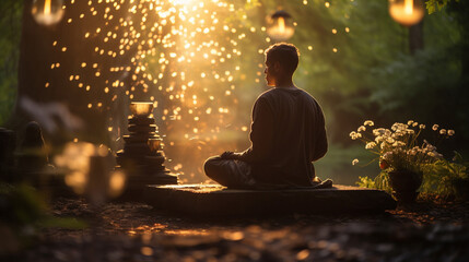 person meditating near a sculpture of Gautama Buddha in a peaceful garden. ai generated.