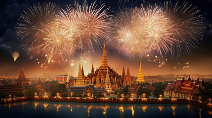 Fototapeta na wymiar Beautiful fireworks night in the city of celebration Wat Phra Kaew Bangkok, Thailand