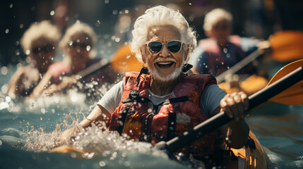 Elderly man kayaking on the water. - obrazy, fototapety, plakaty