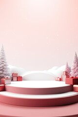 Merry Christmas banner with stage product display cylindrical shape and festive decoration for Christmas, snow background, promotion display, 3D rendering product display platform.