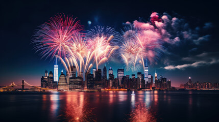 Fototapeta na wymiar New York City Beautiful fireworks night in the city of celebration