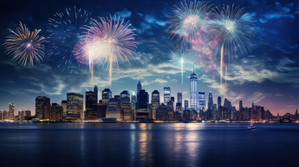 Fototapeta premium New York City Beautiful fireworks night in the city of celebration