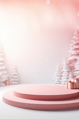 Merry Christmas banner with stage product display cylindrical shape and festive decoration for Christmas, snow background, promotion display, 3D rendering product display platform.