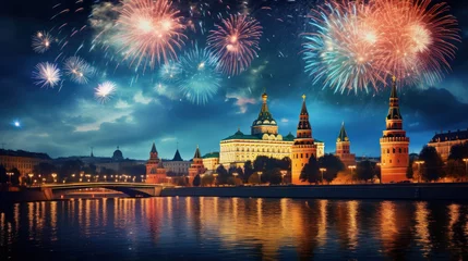 Tuinposter Beautiful fireworks night in the city of celebration Moscow © EmmaStock