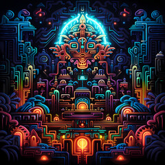 a dreamscape featuring the chromatic glow of neon lights, cosmic influences, and tribal motifs