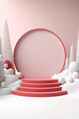 Merry Christmas banner with stage product display cylindrical shape and festive decoration for Christmas, snow background, promotion display, 3D rendering product display platform.