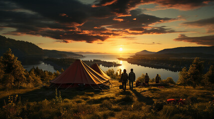 People with a tent in nature at sunset.