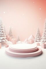 Merry Christmas banner with stage product display cylindrical shape and festive decoration for Christmas, snow background, promotion display, 3D rendering product display platform.
