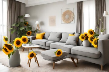 *cozy grey sofas and vase with beautiful sunflowers in interior of light living room-